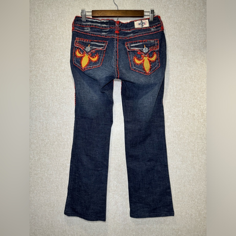 Laguna Beach Jean CO Dark Wash Red Jewel Hand Stitched Fleur-de-lis Jeans Size29